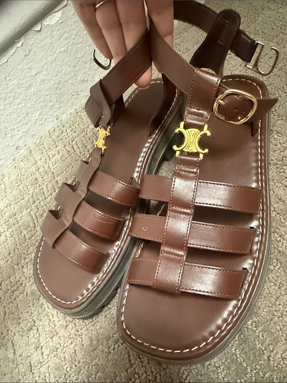 Brown Leather Sandals with Gold Logo Accent